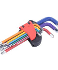 9 Piece Chrome Steel Hex Socket Wrench Set Color Coded CRV, displaying various hex wrenches in a holder for easy use.