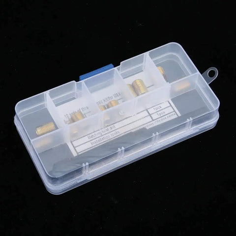 12 Piece Thread Repair Kit M6x1 Self Thread Inserts With Drill Bit And Installation Tool For Damaged Threads No Tap Needed Quick Fix For Bad Threads And Solid Screw Retention. Clear case with brass M6x1 thread inserts and drill bit