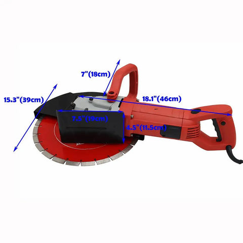 Top Shelf 14 Inch Electric Circular Concrete Saw 3500W Powerhouse Masonry Cutter with measurements labeled for easy reference.