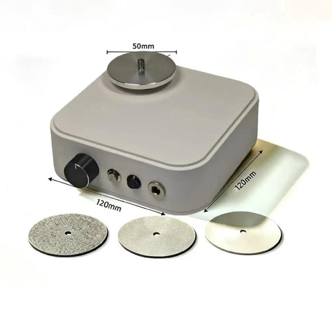 Mini Cordless Electric Flat Grinding And Polishing Machine With Interchangeable Diamond Pads, showing adjustable RPM dial and diamond pads.