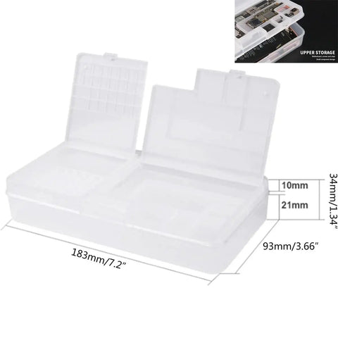 Top Tier Double Pack Phone Repair Module Organizer With Multi Size Compartment Storage Case, dimensions 183 x 93 x 34 mm, transparent design.