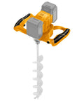 Badass Cordless Post Hole Digger Auger Bit Boosts Your Rig To 40V Power Compatible With Dewalt 20V Battery shows yellow and gray drill handle with white auger.