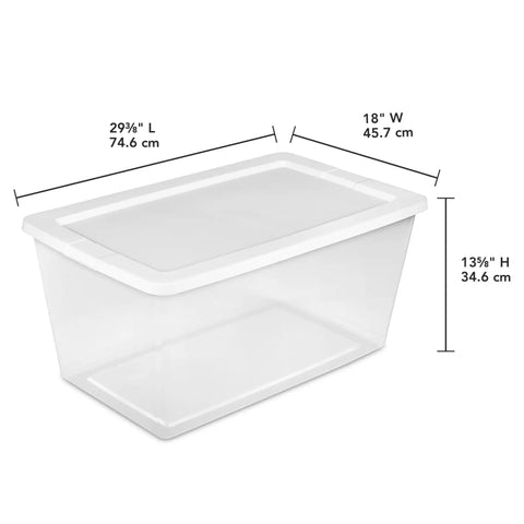 No Sweat Storage Tote Featuring A Crystal Clear Body And A Secure Latching Top Crafted From Heavy Duty Plastic For Zero Fuss Closets And Streamlined Bedroom Systems 29 3/8" L x 18" W x 13 5/8" H.