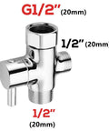 Upgrade Your Bath Game With This Legit 3 Way Shower Diverter Valve Featuring Slick Multi Layer Plating To Resist Scratches While Effortlessly Splitting Water Flow Between Tub And Shower Heads For A Seamless Setup chrome three-way diverter valve with G1/2" and 1/2" connections and sleek design