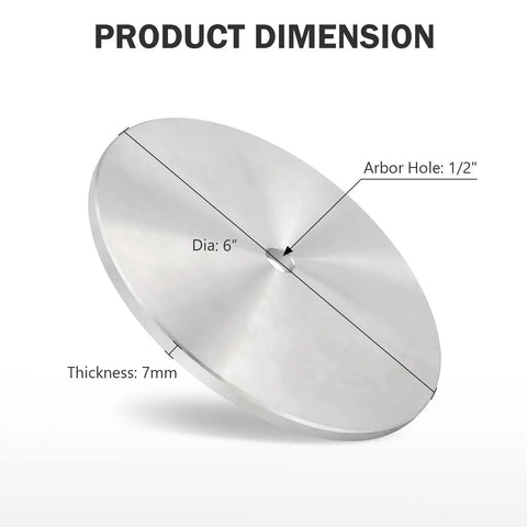 6 Inch Aluminum Master Lap Rock Solid Backing Plate With Half Inch Arbor And One Quarter Inch Thick 7mm dimensions labeled