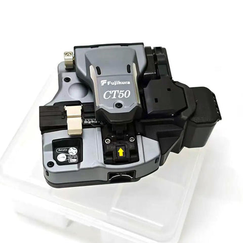 Heavy Duty CT50 Fiber Optic Cleaver And High Precision Cutting Knife Tool on clear base showing matte gray design.