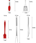 Stainless Steel Grill Tool Set With Chef Spatula Tongs And Fork Outdoor Barbecue Utensils Kit Built To Last Travel Ready Grilling Accessories For Home Or On The Go A Smart Gift For Grill Masters dimensions of spatula, tongs, fork, knife, basting brush shown on a white background