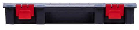 Black storage box with clear lid and red clasps, part of 7 Pack Organizer Set With Removable Dividers And Multi Size Storage Boxes.