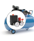 Heavy Duty Air Compressor Pressure Switch With Adjustable Regulator And Precision Gauge 2 Port G1/4 Thread For Tank Units 7.25 To 174 Psi Sweet Spot Pressure Range displayed on compressor.