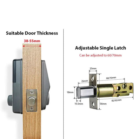 Rock Solid Smart Door Lock With Keyless Entry featuring adjustable single latch for 38-55mm door thickness, detailed measurements.