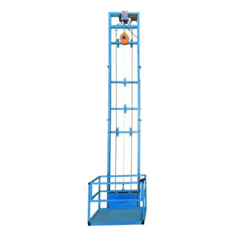 Robust Heavy Duty Vertical Freight Elevator Built Tough For Warehouse And Home Use Massive Cargo Platform with blue frame and large base.