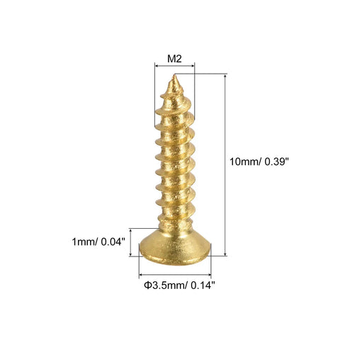 100 Count Brass Wood Screws M2 By 10mm Phillips Flat Head with smooth threading detail for easy DIY use.