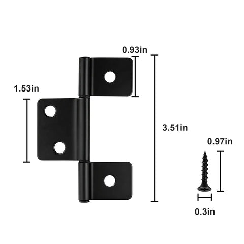 Black Three Leaf Non Mortised Hinges With Screws For Mobile Home RV Cabinet Window And Furniture Heavy Duty Quick Surface Mount Design With Smooth Swinging Bearing And Jam Free 10 Pack with dimensions shown.