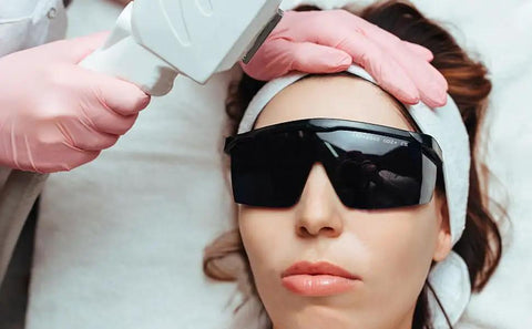 Legit Heavy Duty IPL Laser Safety Glasses With Solid Eye Protection And Broad Spectrum Shielding Against Ultraviolet Blue Light And Infrared Beams For Laser Hair Removal Treatment worn during a hair removal treatment.