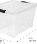Top Shelf 54 Quart Stackable Storage Bins 12 Pack Clear Plastic Totes With Rock Solid Lids BPA Free, measuring 22x16.5x13 inches.