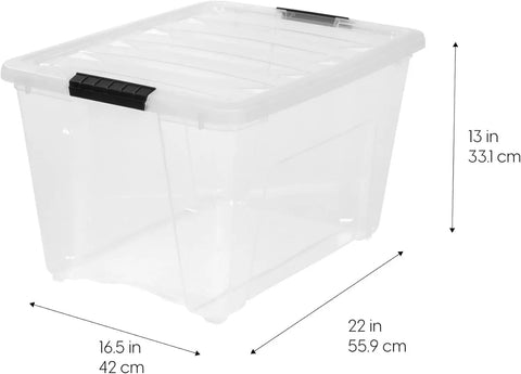 Top Shelf 54 Quart Stackable Storage Bins 12 Pack Clear Plastic Totes With Rock Solid Lids BPA Free, measuring 22x16.5x13 inches.