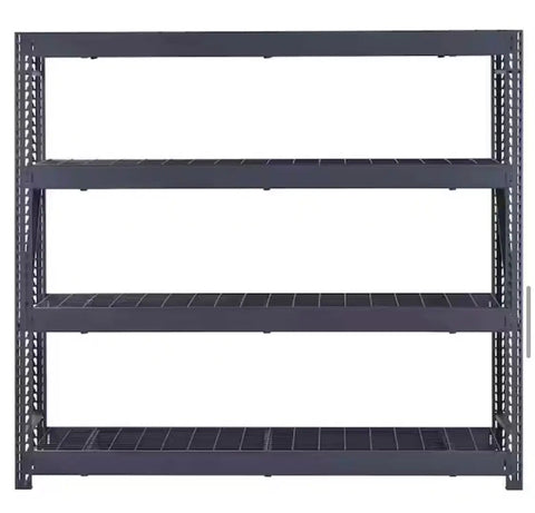 Industrial Steel Garage Shelving Unit Featuring Heavy Duty Metal Storage Rack With Adjustable Tier Layout For Badass Workshop Organization And Insanely Heavy Load Support - Front view with four sturdy shelves.