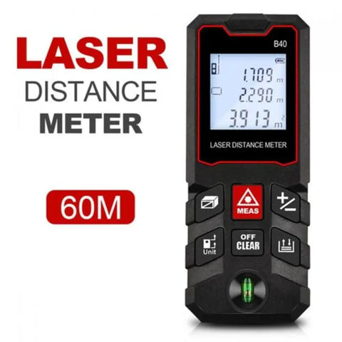 Pro Laser Distance Meter 60M Sick Precision Digital Measure Tool with Sweet LCD Backlit Display showing measurement readings.