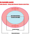 Diagram showing dimensions for Premium Tempered Glass Lazy Susan Turntable, including required dining table size and cutlery space.