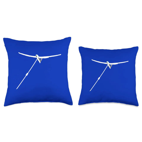 Blue throw pillow featuring a white sailplane winch launch illustration, ideal for sailplane lovers who live for takeoffs, 100% polyester.