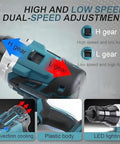 Heavy Duty Cordless Rivet Nut Tool With 26 Volt 5200 Mah Battery For M3 Through M12 Sizes shows dual-speed adjustment with H and L gear.