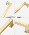 Top Shelf Brushed Gold Cabinet Pulls 10 Pack With Trim Down Screws For Kitchen Drawers Modern Deco Style Slick Satin Finish Zero Hassle Install Fresh Home Glow Up 5 Inches On Center close-up of solid gold handles with corner and side views.