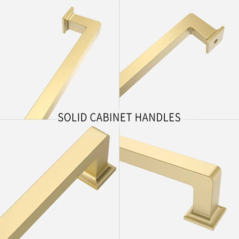 Top Shelf Brushed Gold Cabinet Pulls 10 Pack With Trim Down Screws For Kitchen Drawers Modern Deco Style Slick Satin Finish Zero Hassle Install Fresh Home Glow Up 5 Inches On Center close-up of solid gold handles with corner and side views.