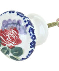 Vintage Ceramic Blue Rose Drawer Pull And Cabinet Knob 1.25 Inch Polish Pottery Style with red rose and green leaf design.