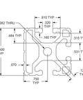  schematic diagram of 1.5 Inch Triple Slot Aluminum Extrusion, Clear Anodized T Slot Rail dimensions and specifications