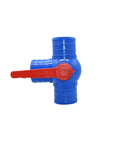 Side view of Beefy All Purpose Water Hose Connector Tee Splitter with Straight Shut Off Ball Valve, red handle, blue body