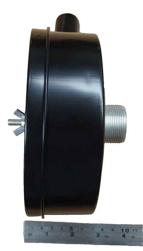 Compressor Intake Filter Silencer System, 6 Inch Metal Housing With Disposable Paper Cartridge, side view close-up.