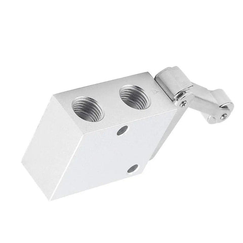 Heavy Duty Mechanical Pneumatic Roller Valve For Air Control With One Quarter Inch Ports showing metal body and swivel arm.