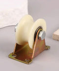 Heavy Duty Nylon Bearing Pulley V Track Wheel 30mm Double Ball Bearing Roller With Stand on a mounting bracket.