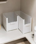 Versatile Big Capacity Heavy Duty Stackable Storage Bins Open Top Space Saving Closet Organizer with white label in cabinet.