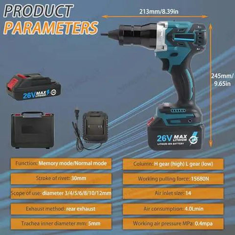 Badass Cordless Automatic Rivet Nut Gun with 26V battery displayed alongside batteries and carrying case, showcasing product details.