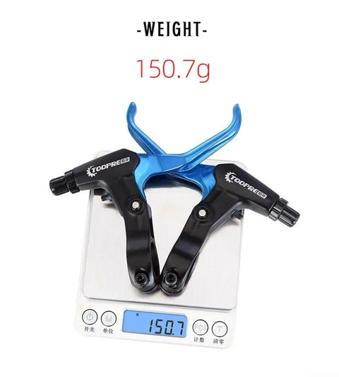 Dual Compatible Brake Lever Set For V Brakes And Disc Brakes, Aluminum Alloy Ergonomic Levers shown on scale, 150.7g weight