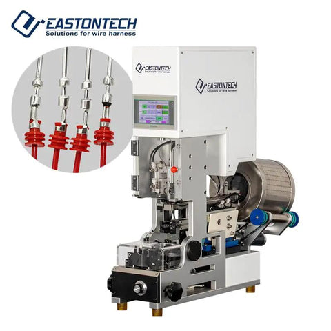 Heavy Duty Semi Automatic Waterproof Terminal Crimping Machine Plug Insert Workhorse With Smart Controls And Knockout Performance, showing digital screen and crimping process.