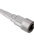 Heavy Duty Steel Radiator Wrench Socket With Stepped Multi Fitting Shape For Thermostatic Valves And Drain Pipes, angled view, silver metal finish.