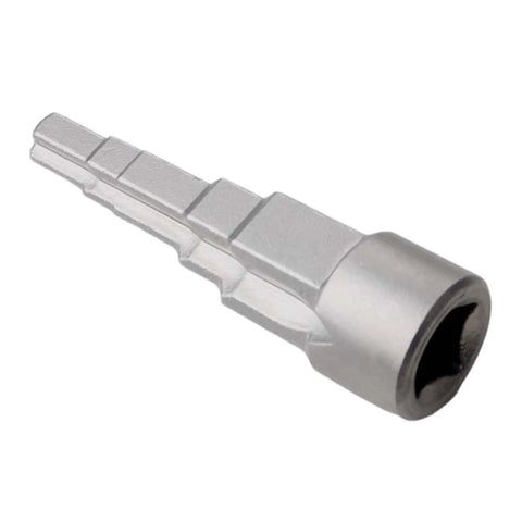 Heavy Duty Steel Radiator Wrench Socket With Stepped Multi Fitting Shape For Thermostatic Valves And Drain Pipes, angled view, silver metal finish.