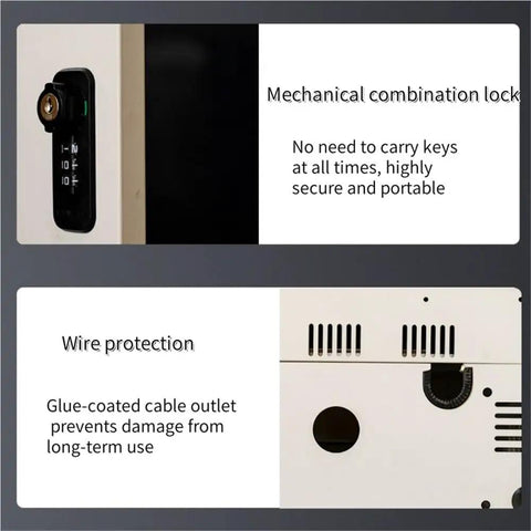 Close-up of Rock Solid EV Charger Lock Box with Key Outdoor No Sweat Water Resistant Protective Cover mechanical lock and wire protection.