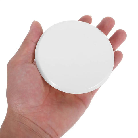 Concealed Premium Quality Fire Sprinkler Covers 2 Pack 3.34 Inch Round Ceiling Rings in hand, white plastic for hiding sprinkler heads.