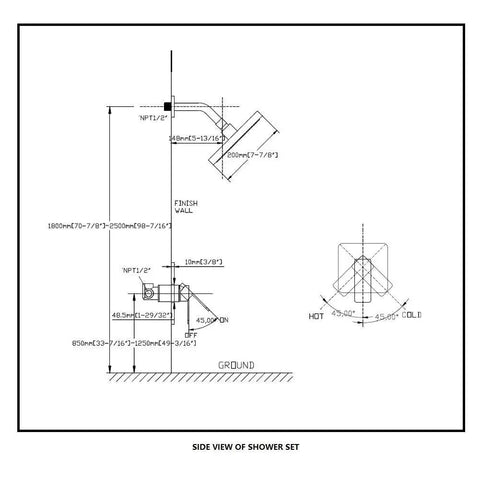 Technical diagram of Single Function Shower Trim Kit With Rough In Valve And Square Rain Showerhead In Polished Chrome For Modern Bathrooms.