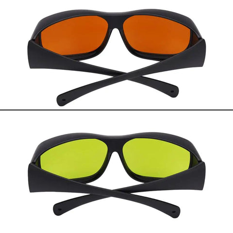 Big Deal Ipl Laser Safety Glasses With Od7 Plus Lens For Spa Owners And Laser Pros Offering Killer Eye Shielding From Eight Hundred To One Thousand One Hundred Nm In Solid Green Rims in black frame with green and orange lenses.