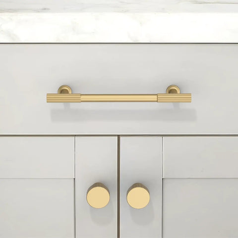 Transform Your Kitchen Vibe With Thirty Pieces Of Five Inch Brushed Gold Cabinet Pulls Built Like A Tank From Pure Zinc Alloy. 5 inch brushed gold pull on gray cabinet.