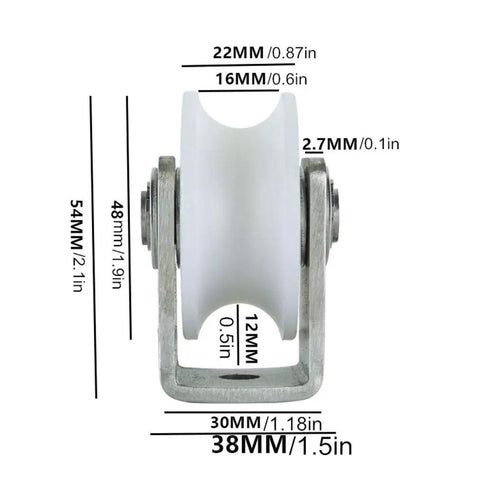 Heavy Duty Nylon Roller Wheel With 304 Stainless Steel Bearings For Smooth Gliding Track Pulleys dimensions shown.