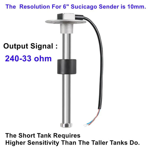 Marine Fuel Sending Unit With Reed Switch Sensor, 6 inch stainless sender, 240-33 ohm signal for diesel tanks.