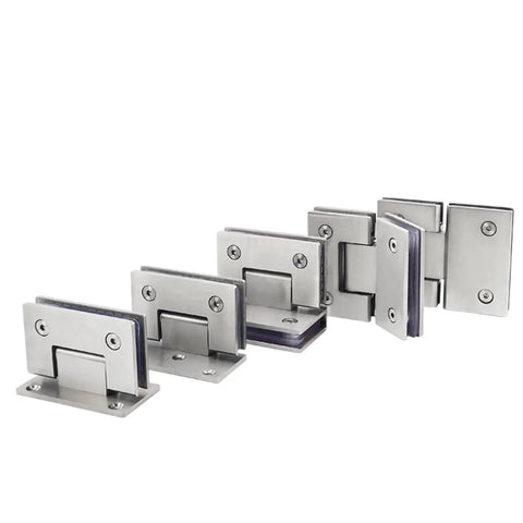 Kickass Durability Straight Up Smooth Operation Brushed Stainless Steel Pivot Hinge For Self Closing Shower Glass Doors and Cabinet Hardware showing various angles.