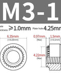 M3-1 specifications showing dimensions for 50 Pack M3-1mm CLS Self Clinching Nut Inserts 304 Stainless Steel.