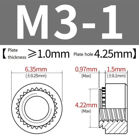 M3-1 specifications showing dimensions for 50 Pack M3-1mm CLS Self Clinching Nut Inserts 304 Stainless Steel.