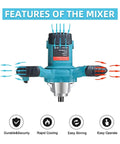 Features of Powerful 2100W Portable Concrete Mixer With Six Speed Settings, handheld design, durable steel construction.